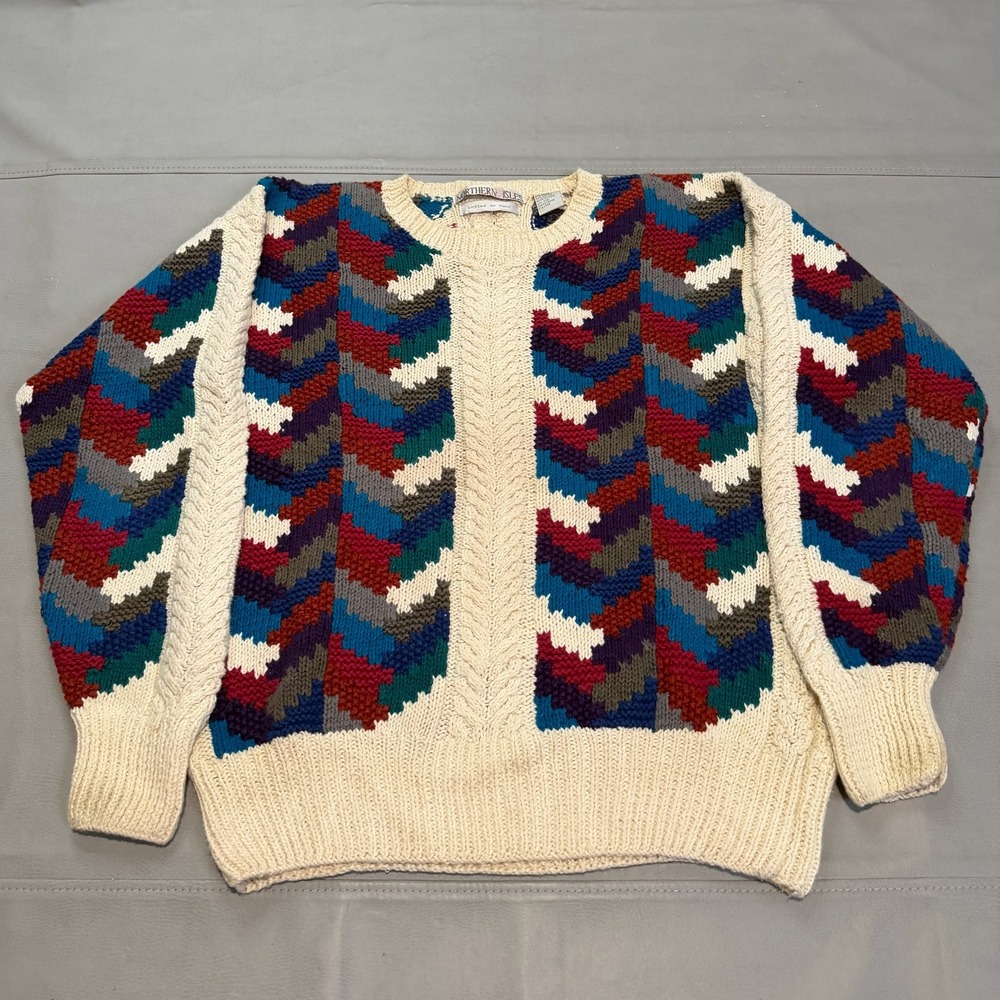VTG Northern Isles Men Crew Neck Knit Sweater Geometric 3D Knit Grandpa Y2K-5296